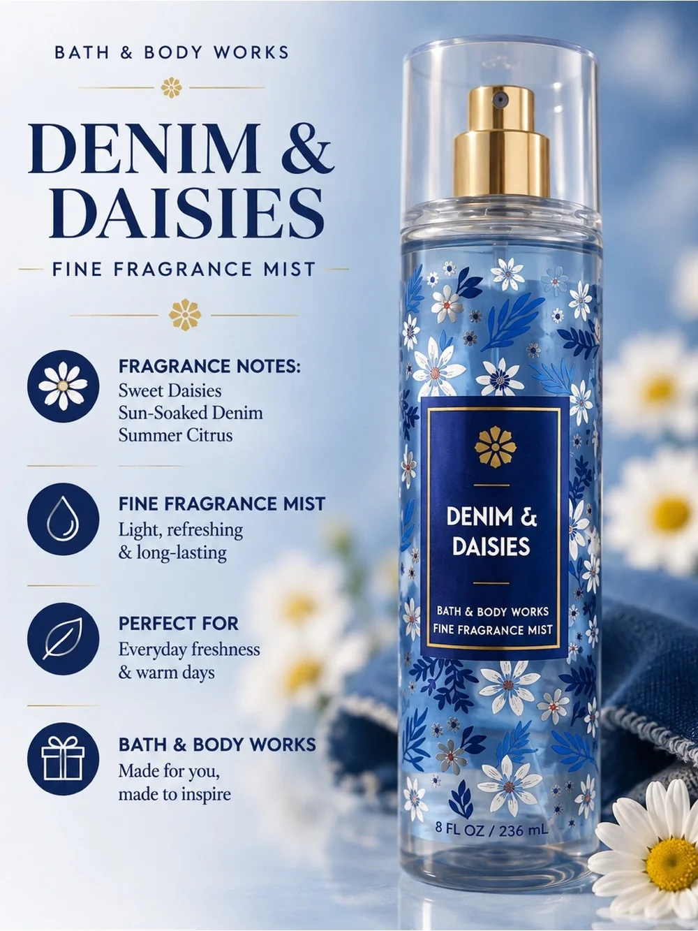 Bath & Body Works Denim & Daisies Fine Fragrance Mist - Blue & Gold Accents